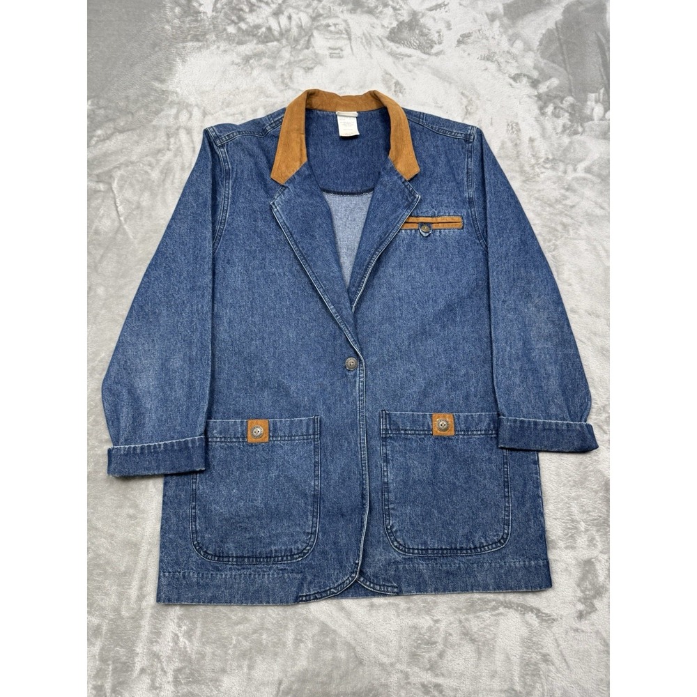 Vintage Jantzen Denim Blazer Jacket Womens Medium Leather Chore Barn Western 90s